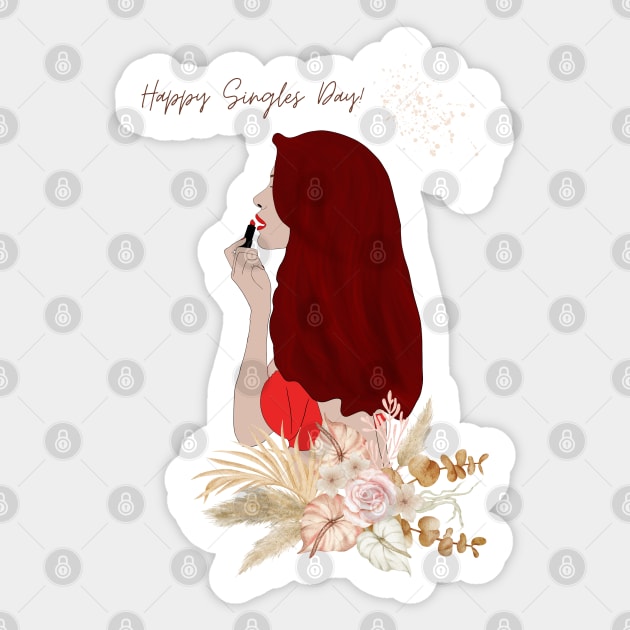 Empowerment & Elegance: 'Happy Singles Day' with Chic Lipstick Girl & Floral Accents Sticker by Diaverse Illustration